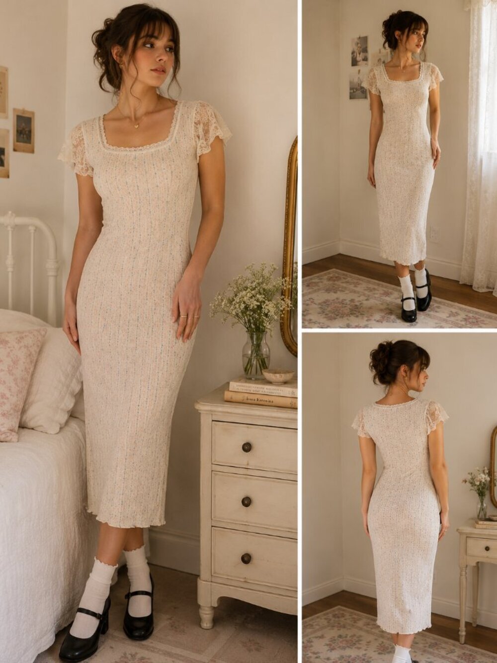 Vintage Y2K Floral Ribbed Knit Midi Dress Lace Flutter Sleeves Coquette S/M